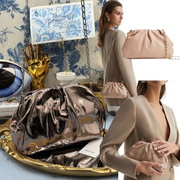 🆕 REISS 🧿 NWT Elena Metallic Grained Clutch, Convertible Shoulder Bag - Picture 1 of 13